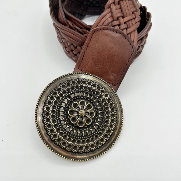 Genuine Leather Country Western Large Buckle Belt Boho Maximalist Size Medium Wo - Picture 2 of 4